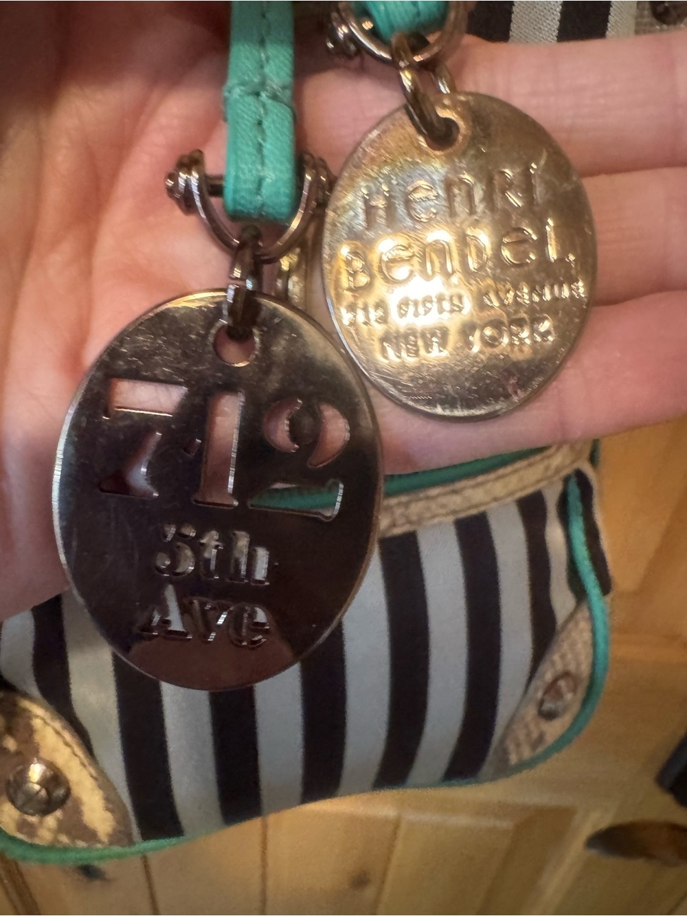 Henri Bendel Black & Silver stripes with Snake accents, turquoise trim Crossbody - Picture 8 of 11